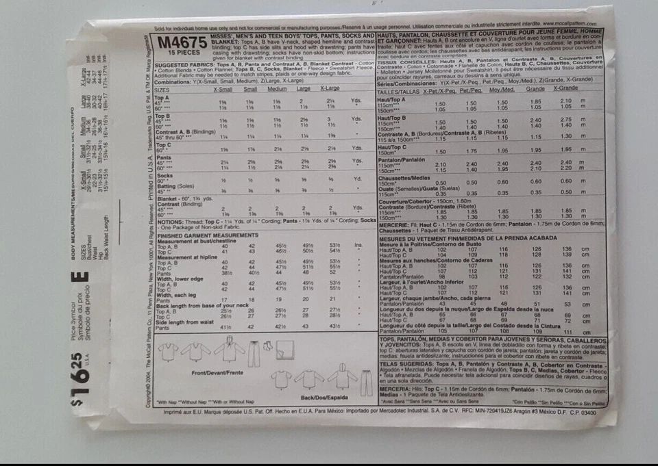 MCCALL'S #4675 MEN'S MISSES TEENS SIZES L-XL TOP PANTS SOCKS BLANKET PATTERN UC - Image 2 of 4