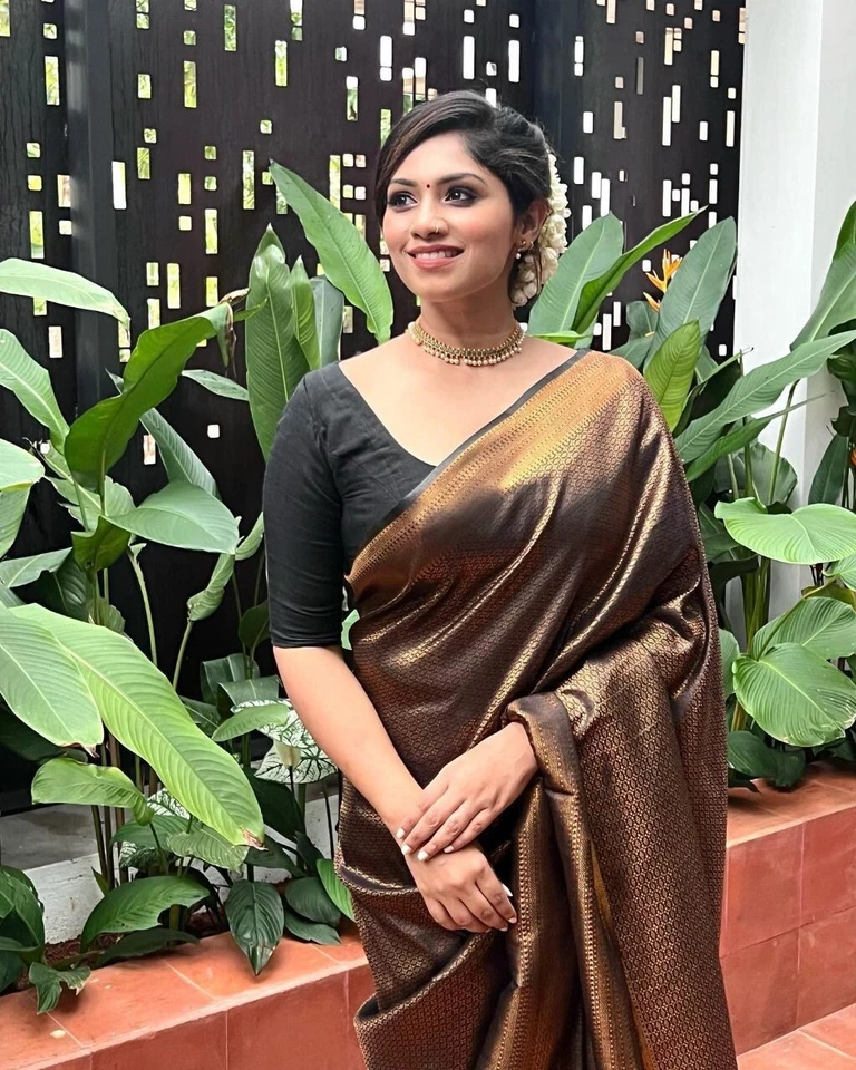 Saree/sari de seda indiano Banarasi com peça de blusa roupa de casamento para festa feminina - Imagem 4 de 4