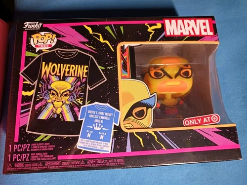Funko Pop SET☆Marvel BLACKLIGHT WOLVERINE #802 BOBBLEHEAD & T-Shirt (M) X-MEN