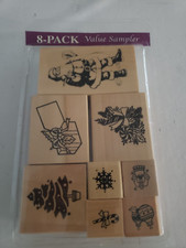 Christmas Stamp Set of 8 Wood Mounted Santa Tree Snowflake Gift Tag, etc
