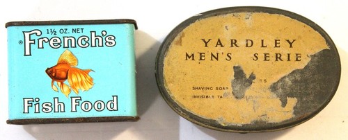 Vintage Grocery Tin Lot, French's Fish Food, Yardley Shaving Soap for Men