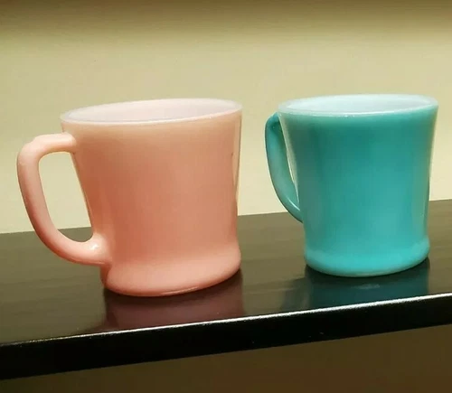 2 FIRE KING D HANDLE MUGS PINK & TEAL RARE MILK GLASS 1950'S 