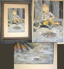 1930's-1940's Signed Laube Watercolor ESQUIRE Esky Man Camping,Fire & Phonograph