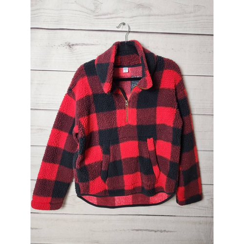 Old Navy Womens Pullover Jacket Red Black Buffalo Plaid 1/4 Zip Pockets Collar S - 第 1/6 張圖片