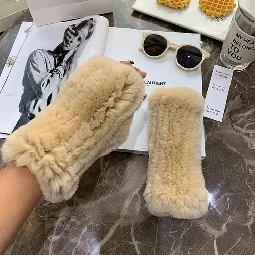 Womens Winter Real Rabbit Fur Gloves Knitted Stretch Fingerless Mitten Gloves - Picture 20 of 102