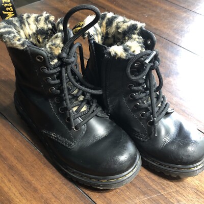 Martens Black Leather Zip-Up Lace-Up Boots Fur Leopard