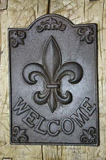 Large Cast Iron FLEUR DE LIS WELCOME Plaque Finial Garden Sign Home Decor  