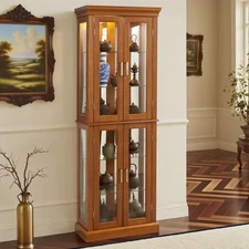 Wooden Curio Lighted Display Cabinet w/Glass Doors and Adjustable Glass Shelves