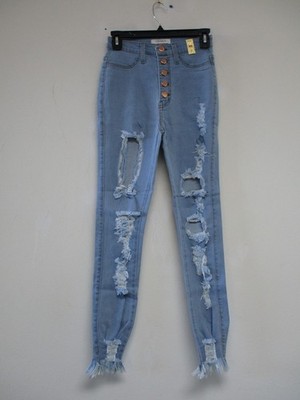 Vibrant Jeans Juniors Size 7 Blue Button Fly Skinny Stretch 27x29 Frayed P1307