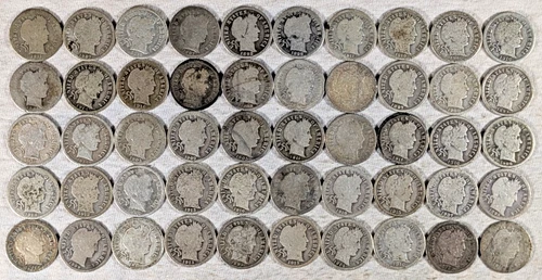 LOT OF 50 BARBER DIMES 90% SILVER COINS $5 FACE VALUE #74