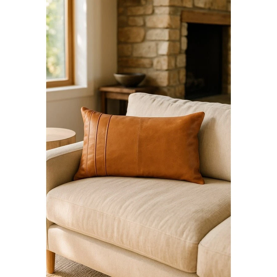 Rustic Tan Leather Lumbar Pillow Artisan Handmade Boho Accent Cushion Cover - Image 2 of 4