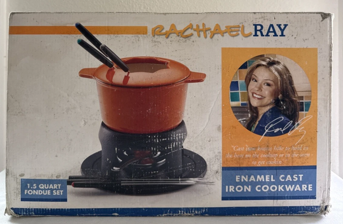 Rachel Ray Cast Iron Fondue Pot Set 1.5 Quart Orange NEW