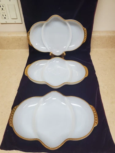 Vintage Fire-King White Glass Sectioned Serving  Platter- Lot Of 3