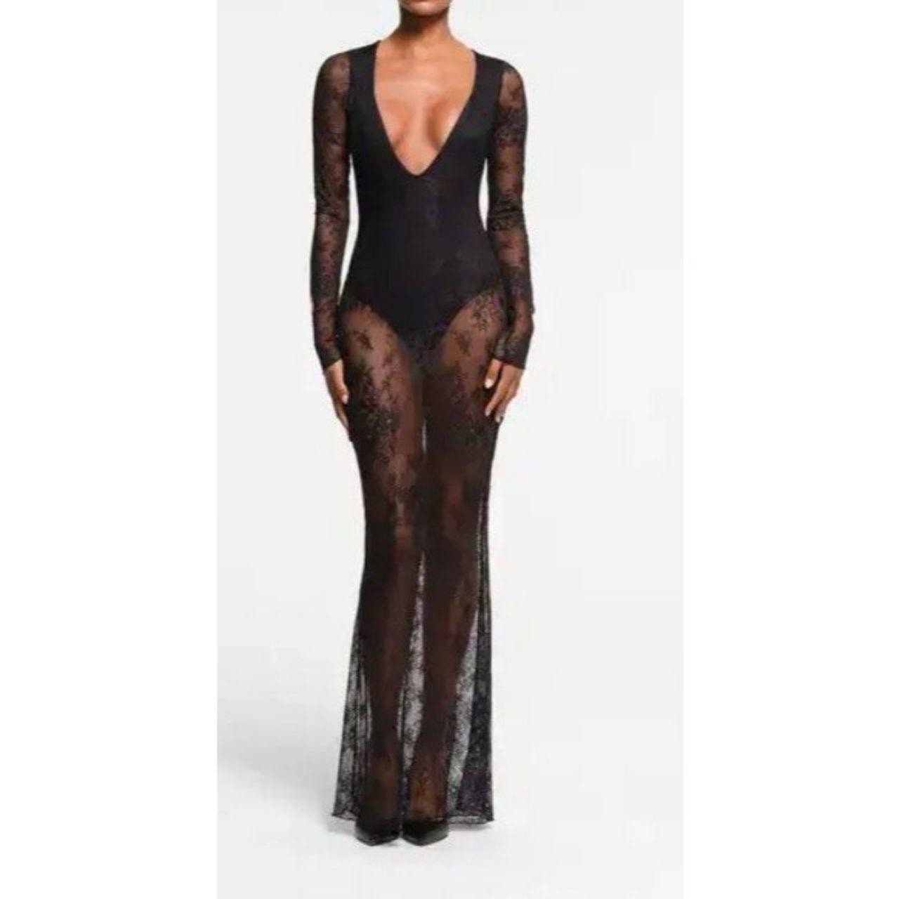 skims ultra fine lace plunge long dress in black XL