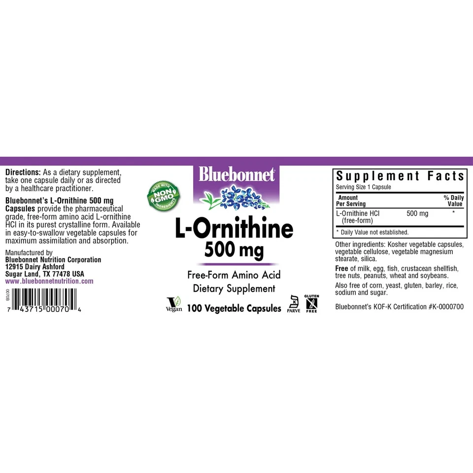 Bluebonnet L-ornitina 500 mg 100 cápsulas vegetales Foto 2 de 3