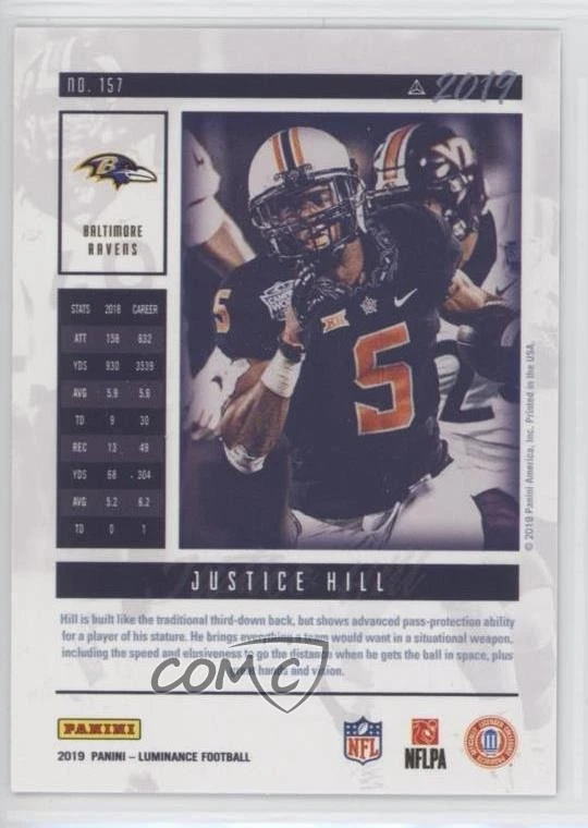 2019 Panini Luminance Rookie Pink /5 Justice Hill #157 Rookie RC - Image 2 of 2