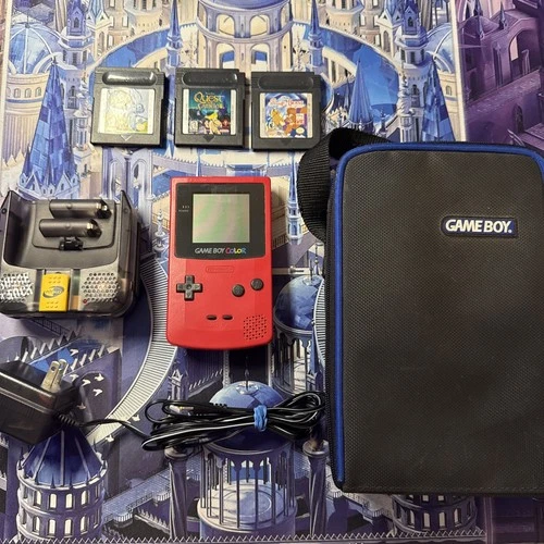 Game Boy Color Bundle Lot (Red - Nintendo) 3 Games, Carrying Case - USA Version