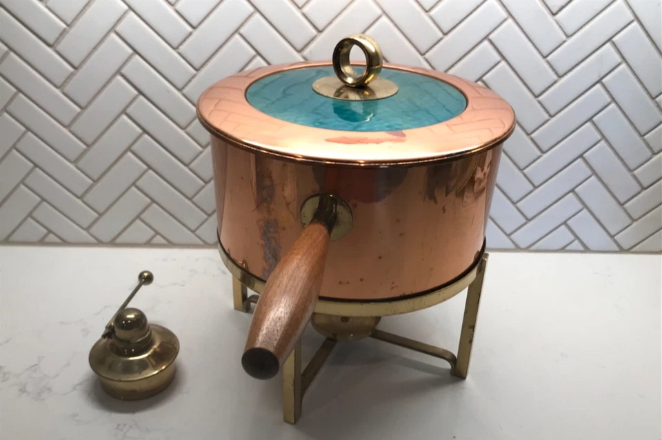 Georges Briard Eldorado Copper & Brass Fondue Set W/ Pot Lid & Stand Vintage USA - Image 2 of 4