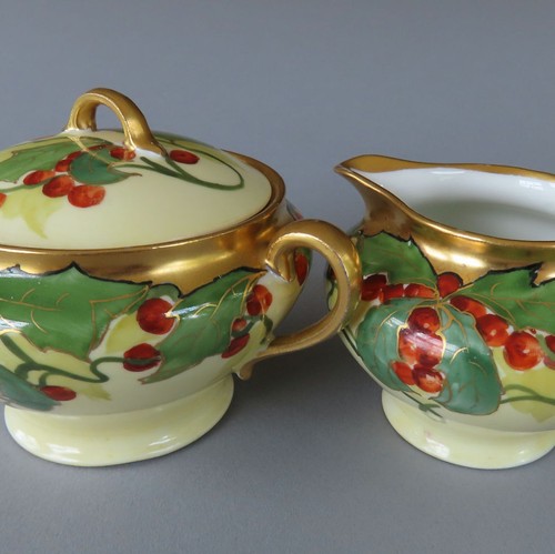 Antique LIMOGES HP Porcelain Covered Sugar Creamer HOLLY & BERRIES Brauer COWAN - Picture 6 of 9