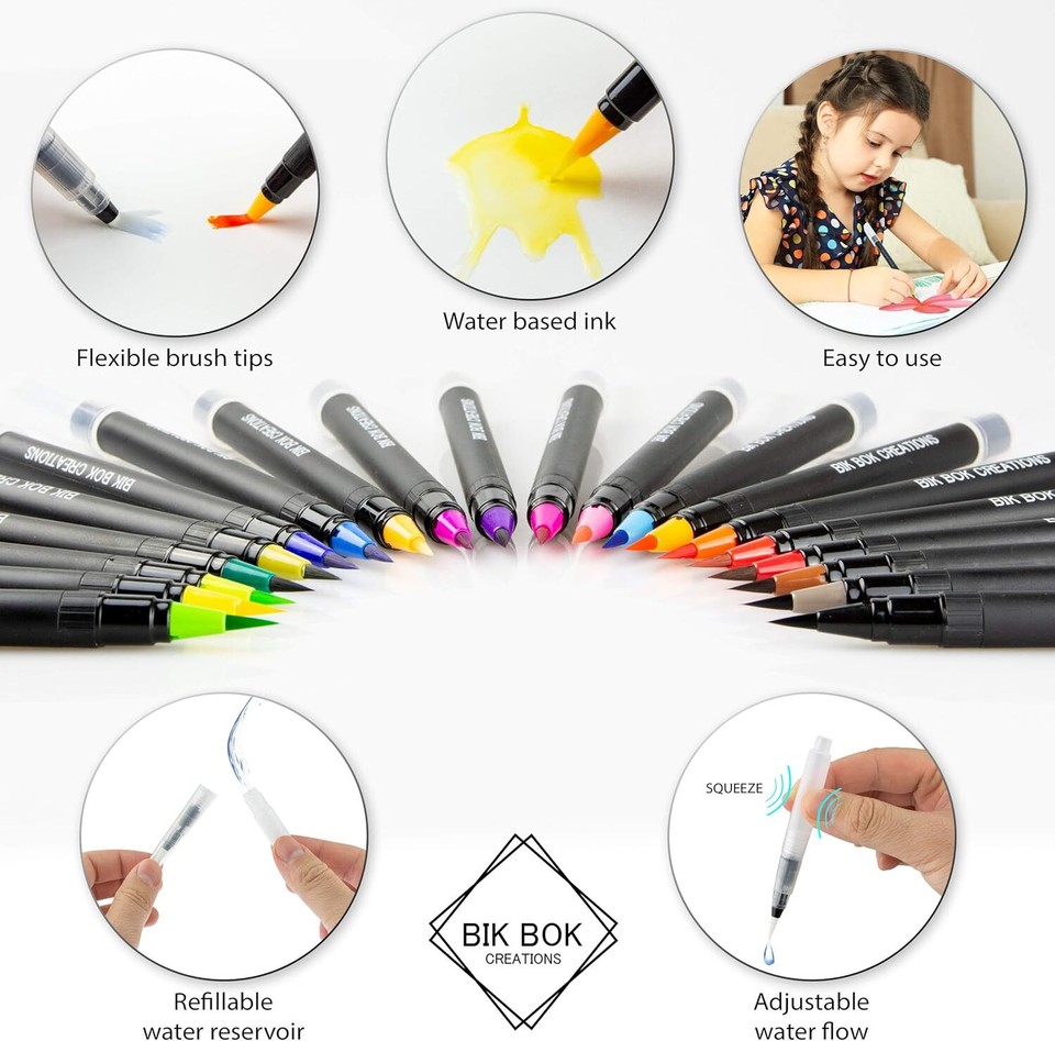 Bik bok creations 20 Watercolor Brush Pens Versatile WaterBased Ink