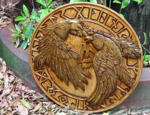 Bird Wood Carving Authentic Battleworn Viking Shield 24" Wooden Shield - Picture 1 of 6