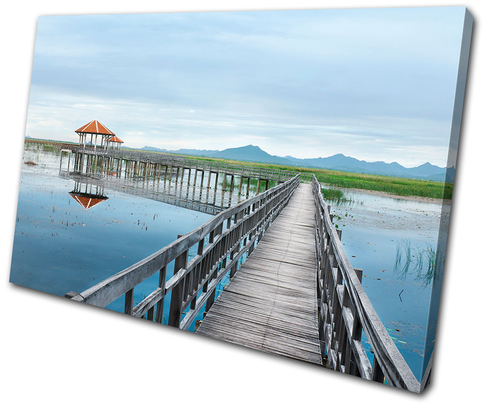 Sunset Seascape Lake Jetty Pier SINGLE CANVAS WALL ART Picture Print VA