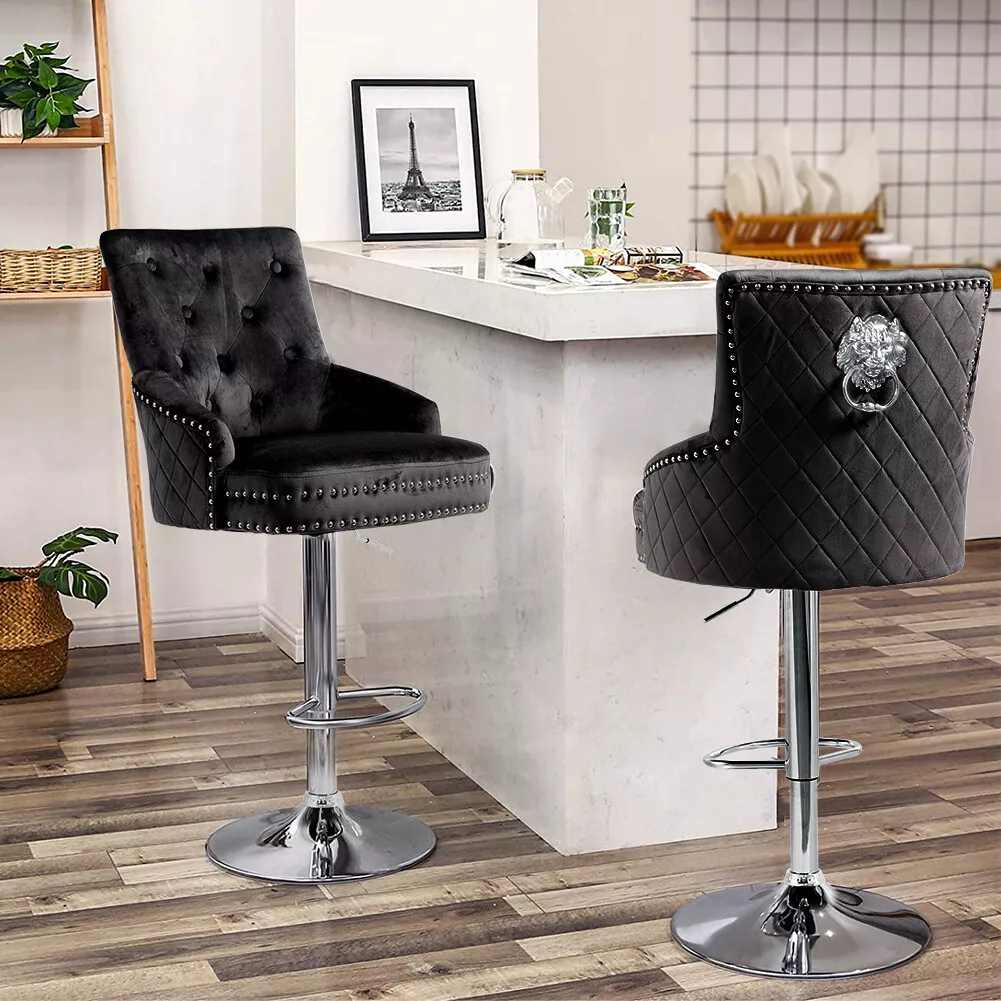 Large Velvet Bar Stool Heavy Duty Chrome Base Comfy Deep Button Swivel Chair