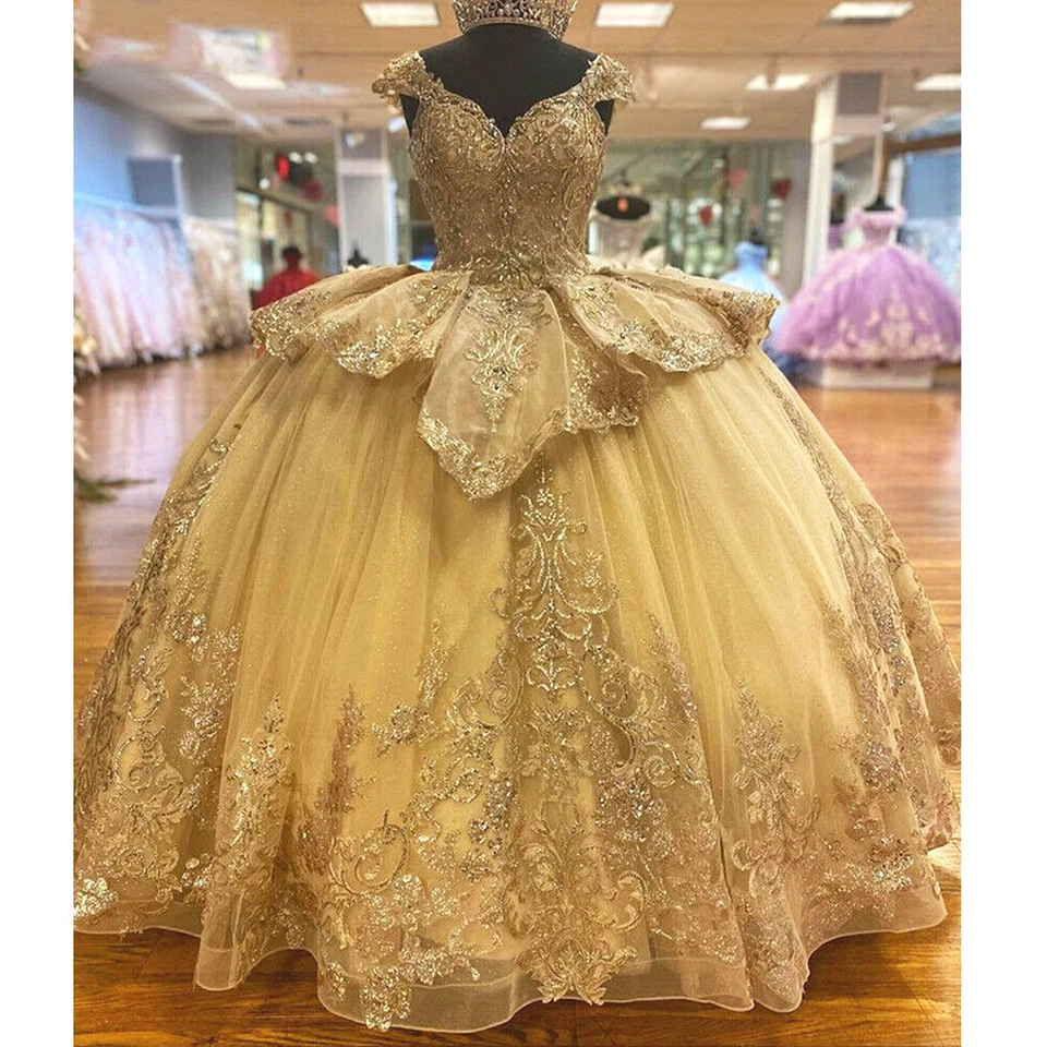 Блестящий золотой Quinceanera платья кружева сладкий 15 16 вечеринки выпускного вечера бальные платья бисером - Изображение 4 из 4