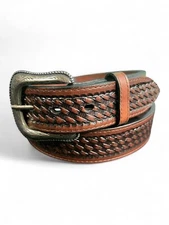 Men’s Money Belt Western Brown Leather Embossed Basket Weave Belts Thick Leather
