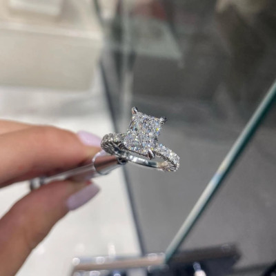 2 Ct Radiant Cut Moissanite Hidden Halo Engagement Ring Solid 14K White Gold