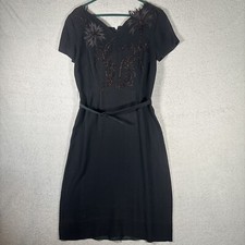 Vintage Black fit And Flare Cap Sleeve Dress Midi Palm Tree Embroidery Goth 29"W