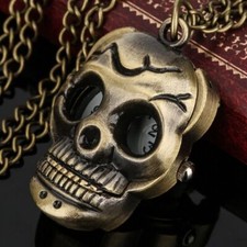 Classical Skull Bone Shape Retro Quartz Pocket Watch for Men Women Long Chain