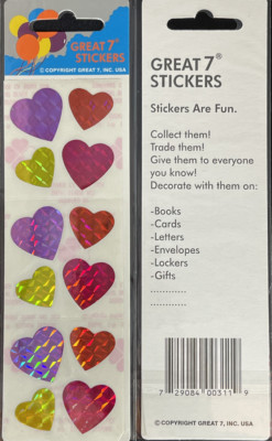 12 packages of Prismatic Heart Stickers, ''Great 7'' Sticker Designs, PPZ6002