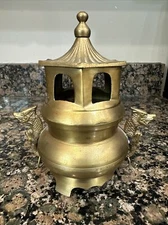 Vintage Brass Tripod Incense Burner Dragon Claws Handles Kettle Pagoda Asian