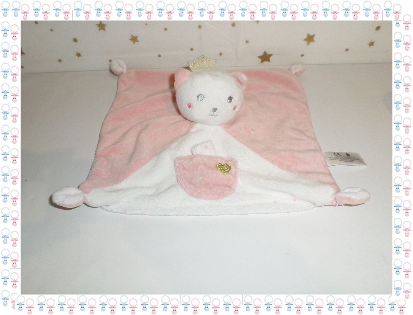 Doudou plat carré chat rose et blanc avec attache-sucette Simba Toys
