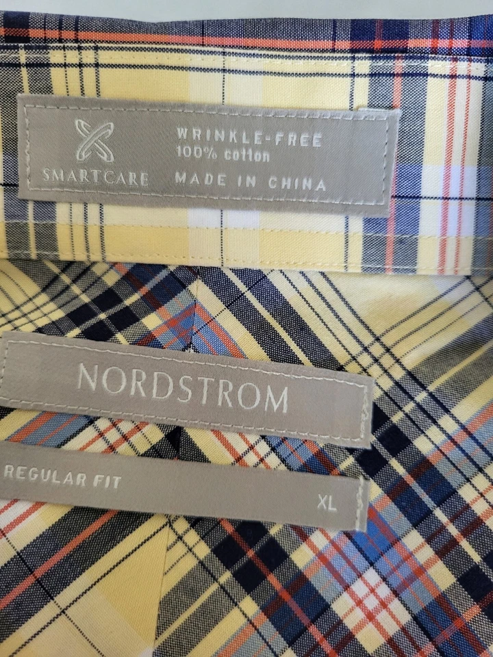 Camisa Nordstrom Para Hombre XL Amarillo/Azul Rayas Manga Corta Cuello Abotonado Foto 2 de 4