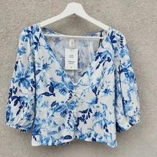H&M Women's Linen Blend Blouse Medium Blue Puff Sleeves Floral Top New