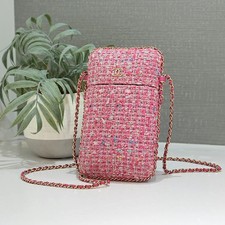 CHANEL Matelasse Chain Phone Holder Tweed Leather Pink Gold Hardware A94471 CHAN