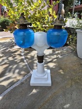 ANTIQUE RIPLEY Blue & White WEDDING/MARRIAGE KEROSENE OIL LAMP Patented 1870!