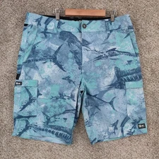 Pelagic Madeira Cargo Fishing Shorts Mens 36 Blue Hybrid Fish Print