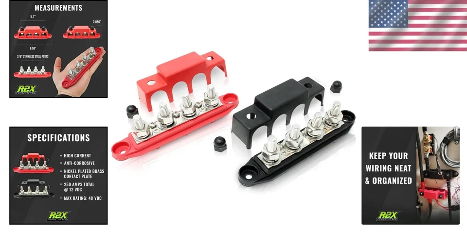 Red & Black 4-Post Power Bus Bar - Securely Organize 250 Amps for Solar Systems - Image 2 of 4