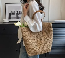 Straw Woven Tote Shoulder Bag With Zipper Summer Beach