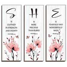 DONFENTHY 3 Pieces Inspirational Pink Floral Wall Decor Wooden Hanging Wall A...