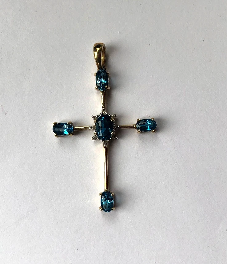 Anhänger Kreuz 9 Karat Gold mit blauen und weißen Steinchen - Bild 2 von 4