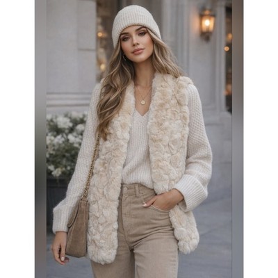 Rachel Zoe Faux Fur Vest Cream Ivory Plush Open Front Luxe Winter