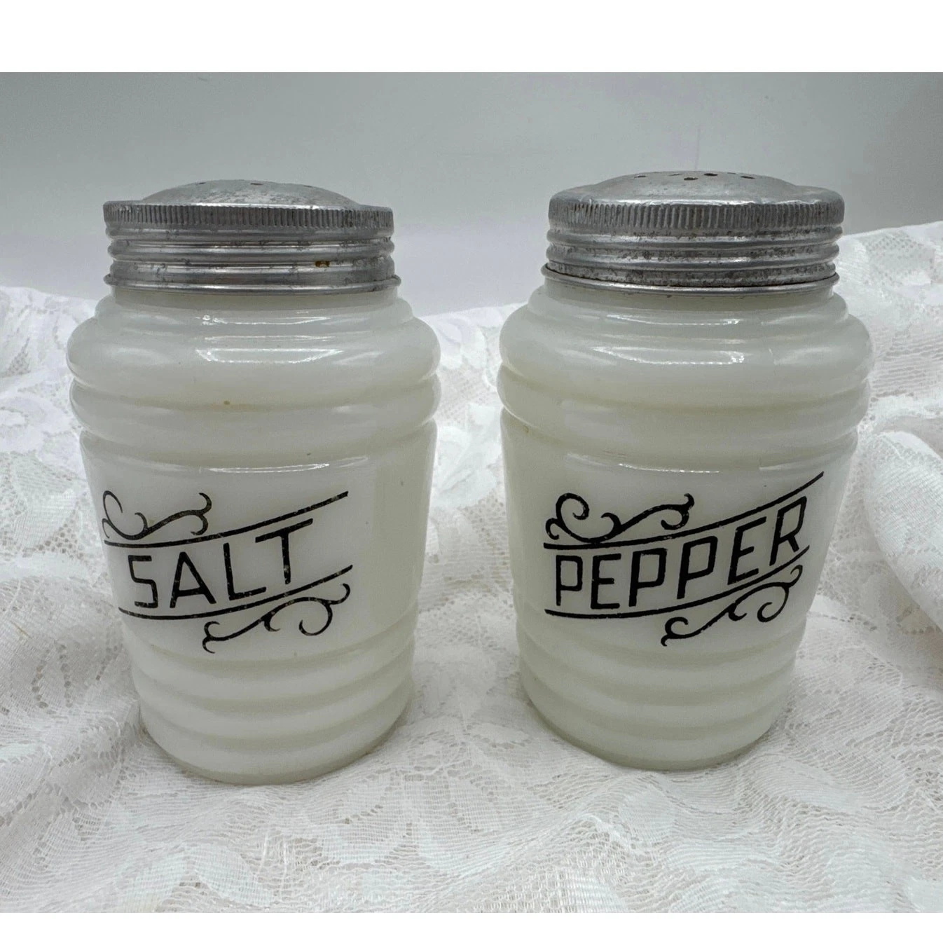 Vintage Hazel Atlas Beehive milk Glass Salt and Pepper Shakers