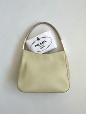 Vintage Prada Leather Metal Handle Hobo Shoulder Handbag Broken White