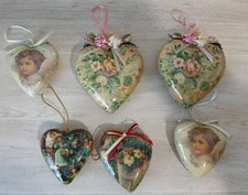 VTG Paper Mache Santa Christmas Ornaments Heart Shaped Set of 6 Flower Angels