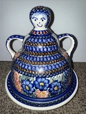 Polish Pottery Unikat Cheese Lady Stoneware Server Keeper Covered Dish 2 Pc