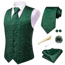 Mens Silk Vest Set 6 PCS Dress Vest and Tie Pocket Square Lapel Small Green B
